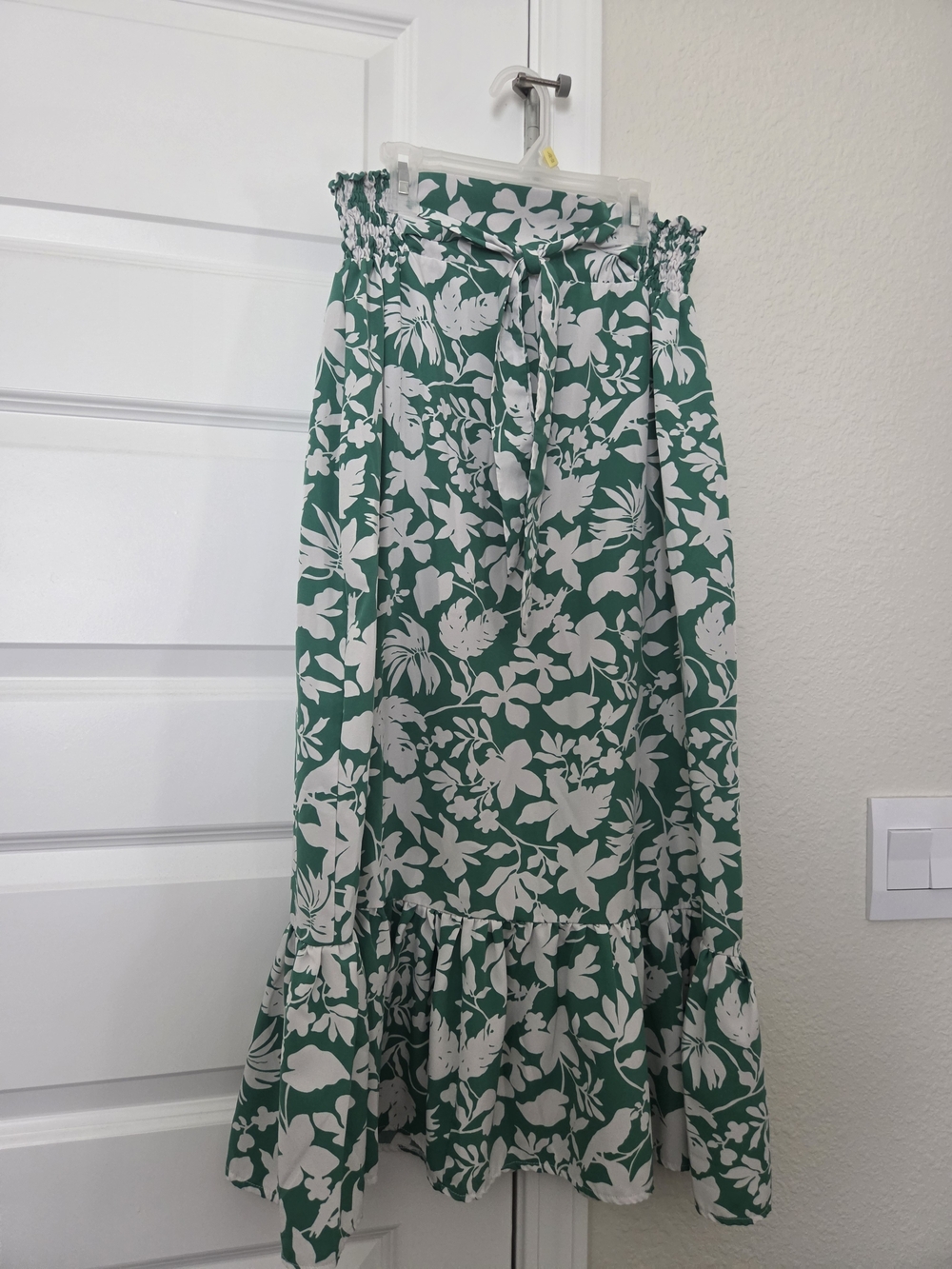 Green & White Floral Maxi Skirt with Ruffle Hem